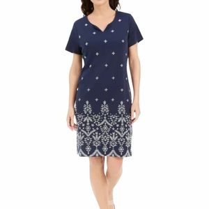 NWT Karen Scott faux embroidered split neck dress